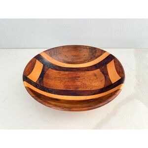 Vintage Wood Inlay Serving Bowl Stamped Malacca Woodwork Malaysan Timber
